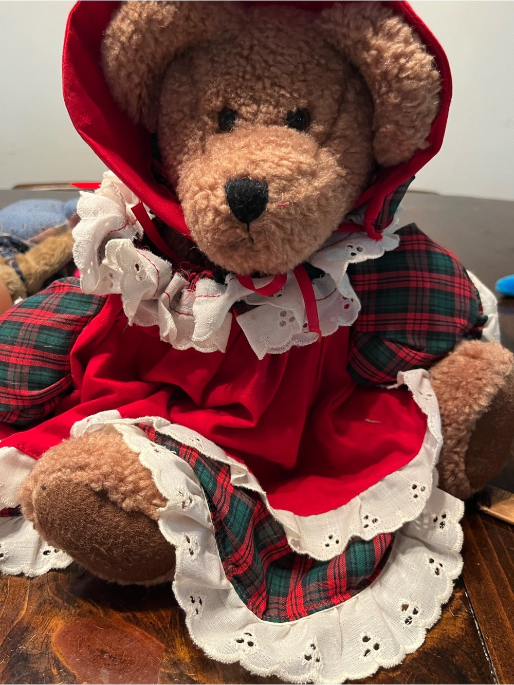 Plush Brown Teddy Bear in Red plaid Dress and red plaid with Green Plaid Accents